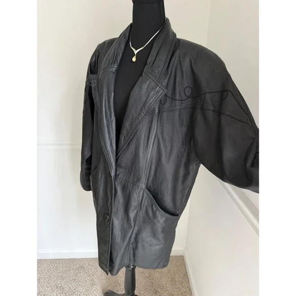 Vintage 90s Pelle Leather Jacket Mob Wife Aesthetic Black Soutache BlazerSz M